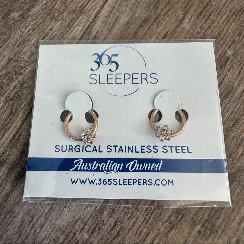 NWT! 365 Sleepers Rose Gold Surgical Stainless Steel Earrings - Floral Diamond